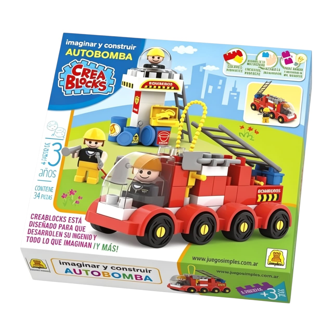 IM152 -  Autobomba Juego de bloques de encastre perfecto. Temática Bomberos.  IMPLAS Construcción CAJAX6 ,Cantidad de piezas: 54 Contiene una escena para ambientar tu juego. Edad: A partir de 3 años. Medidas de la caja: 25.5 x 27 x 6 cm
