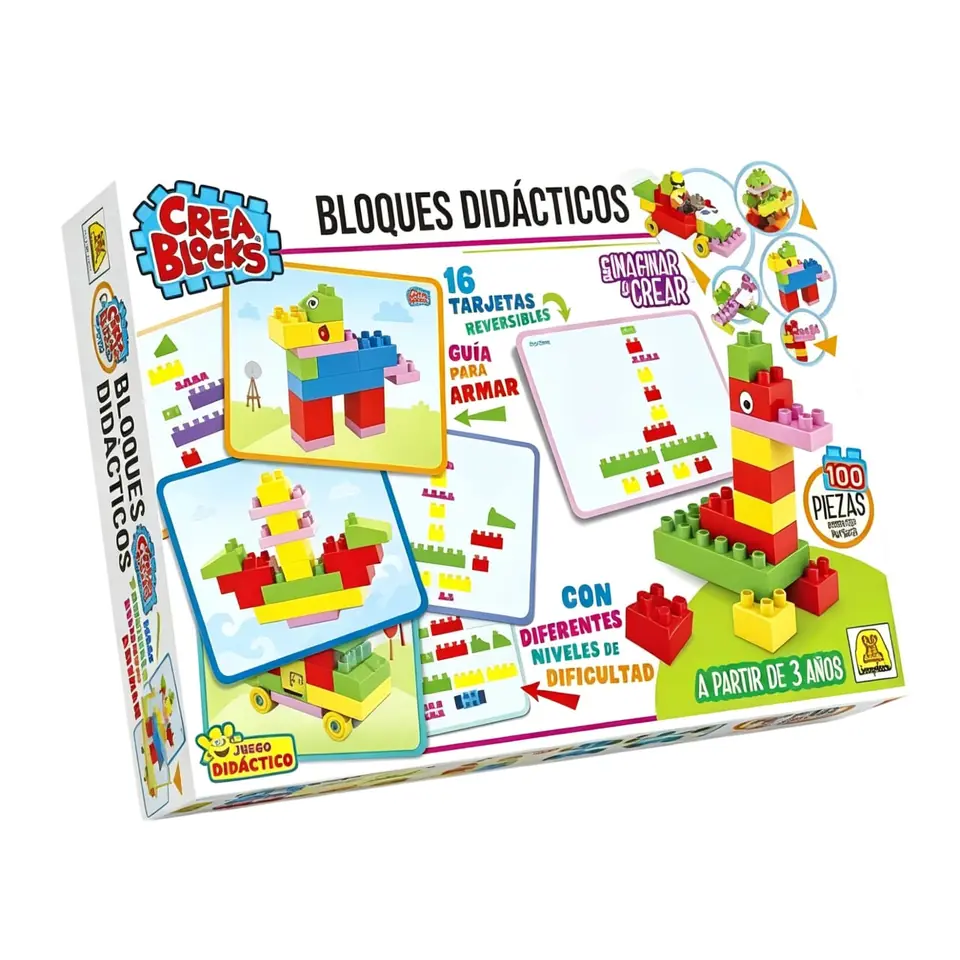 IM148- Bloques Didácticos Cantidad de piezas: 52 Contiene : 1 escena para ambientar tu juego. 12 tarjetas reversibles Edad: A partir de 3 años. Medidas de la caja: 37.5 x 26 x 7.5 cm Juego de bloques de encastre perfecto. Incluye tarjetas que sirven de ayuda en el armado de diferentes figuras, con distintos niveles de dificultad.IMPLAS.