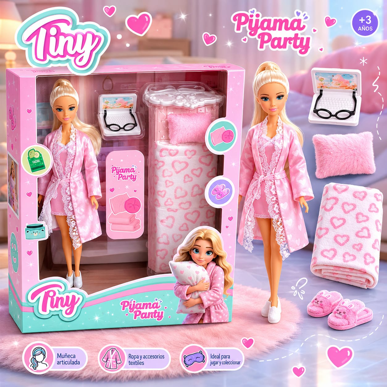 57549- MUÑECA TINY PIJAMA PARTY CON ACCESORIOS 31X24X13 JUGUETES +INFO+FOTOS