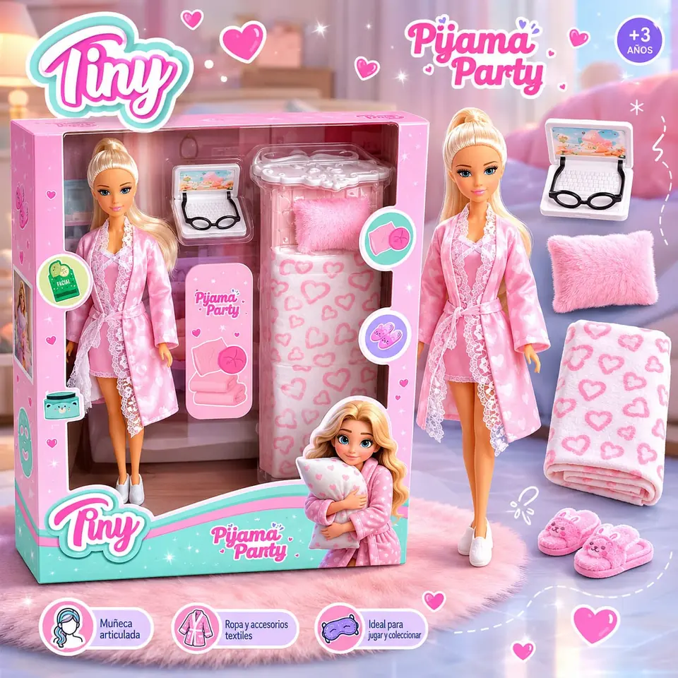 57549- MUÑECA TINY PIJAMA PARTY CON ACCESORIOS 31X24X13 JUGUETES +INFO+FOTOS
