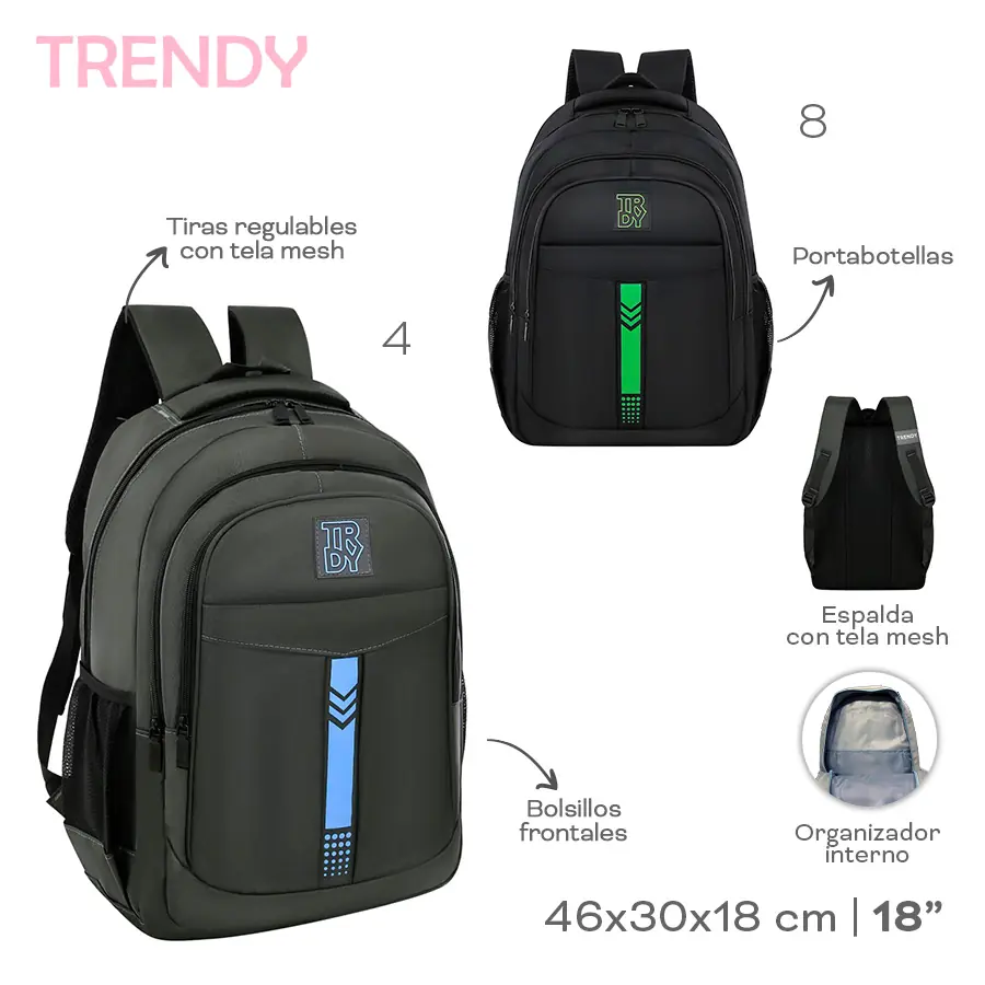 18590 - Mochila Trendy   Info: 18p Bols fronts, lat, org int, esp y tir c mesh  Composición: Nylon corrugado  Alto: 46cm  Ancho: 30cm  Profundidad: 18cm +INFO+FOTOS