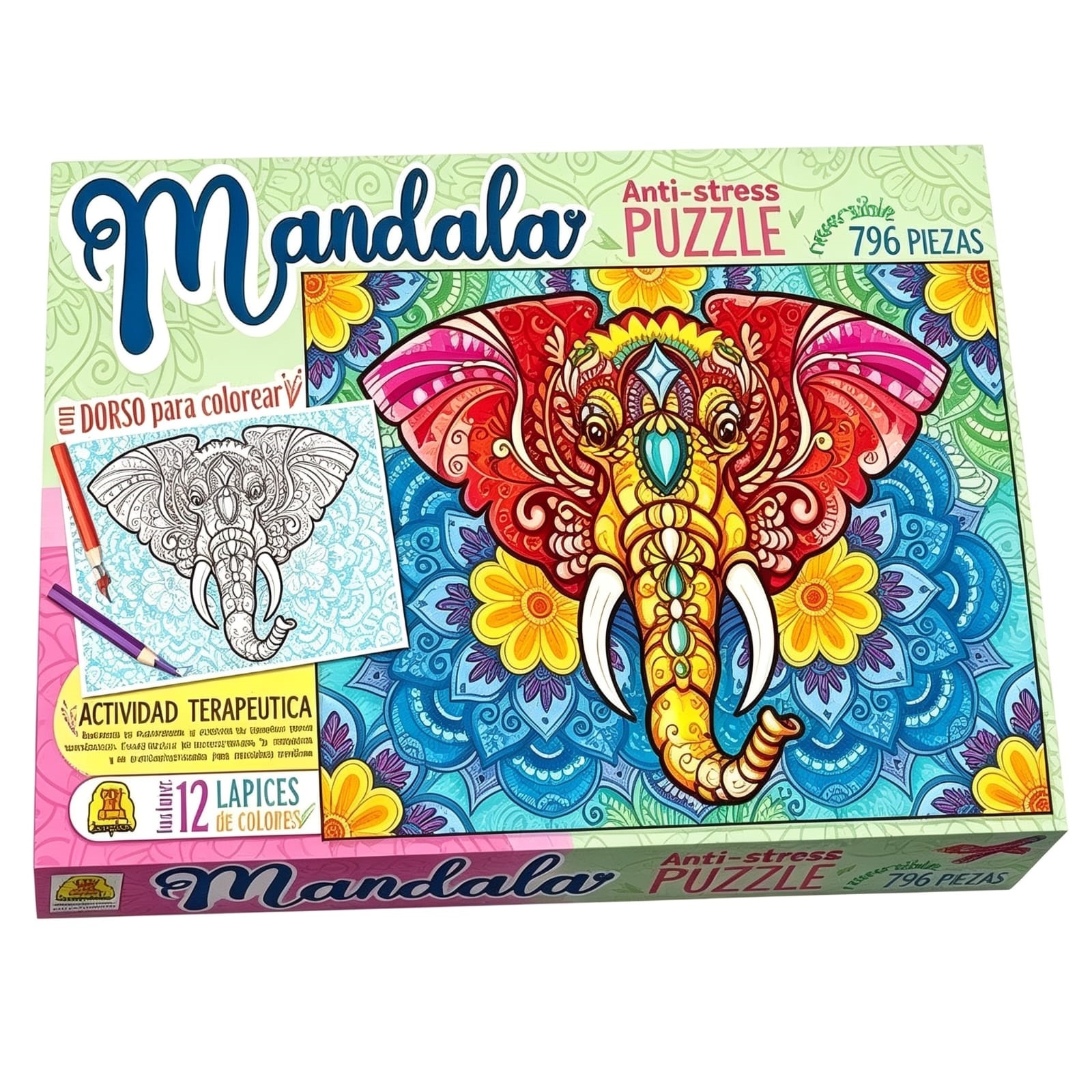 IM269- PUZZLE MANDALA 736 PIEZAS 67X48CM  ANTI-STRESS IMPLAS  ACTIVIDAD TERAPÉUTICA INCLUYE 12 LÁPICES DE COLORES REVERSIBLE PARA COLOREAR  34.5X22.4X4.4  +INFO+FOTOS