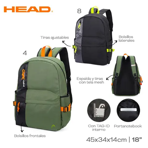 21957 – Mochila Head  Info: Bolsillos frontales y laterales, portanotebook, TAG-ID, tiras ajustables, tiras y espalda mesh Composición: cordura Alto: 45 mc Ancho: 31 cm Profundidad: 15 cm marroquineria
