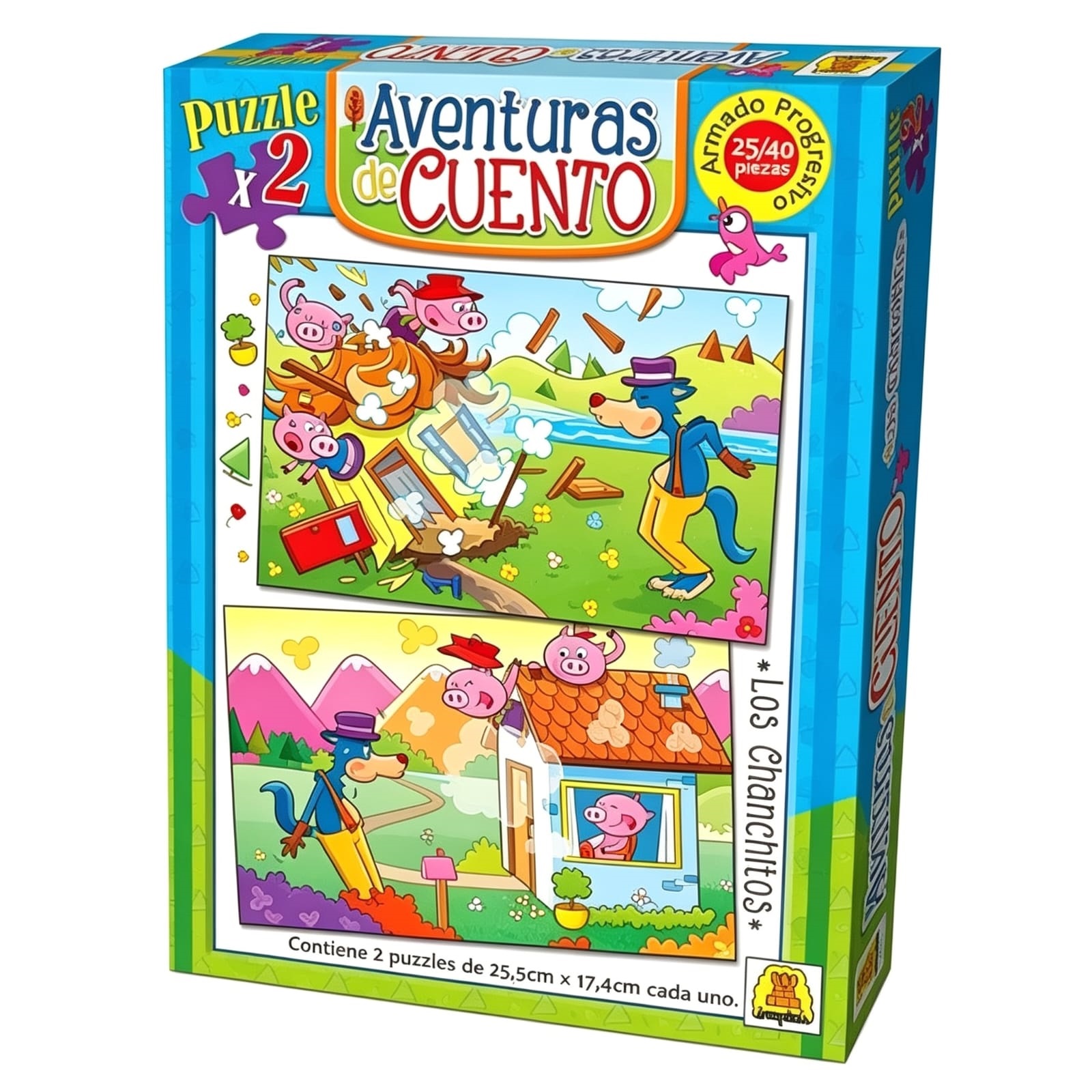 IM34- Los chanchitos Contiene 1 puzzle de 25 piezas 1 puzzle de 40 piezas Medidas de puzzle 25.5 x 17.4 cm Medidas de caja 19,2 x5,7 x 27 cm Puzzle infantil progresivo. Temática cuentos clásicos.
