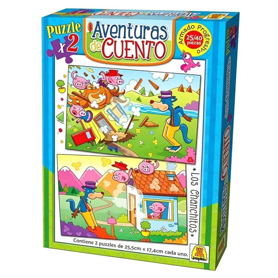 IM34- Los chanchitos Contiene 1 puzzle de 25 piezas 1 puzzle de 40 piezas Medidas de puzzle 25.5 x 17.4 cm Medidas de caja 19,2 x5,7 x 27 cm Puzzle infantil progresivo. Temática cuentos clásicos.