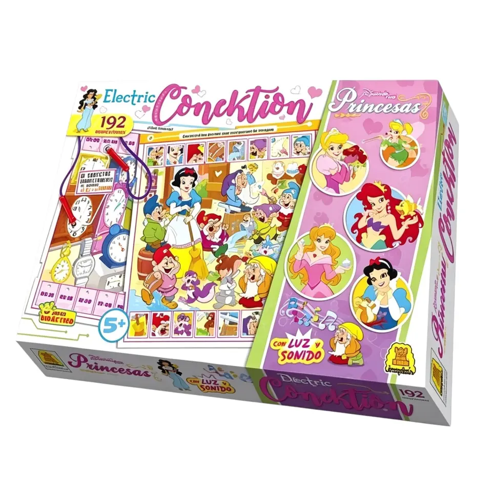 IM375 - Electric Conektion Princesas Edad: a partir de 5 años Participantes: 1 o mas Medidas de la caja: 38,8 x 28,1 x 5,5 cm Juego de preguntas y respuestas. Enciende luz y sonido si la respuesta es correcta (ELECTRIC CONEKTION IMPLAS  X6)