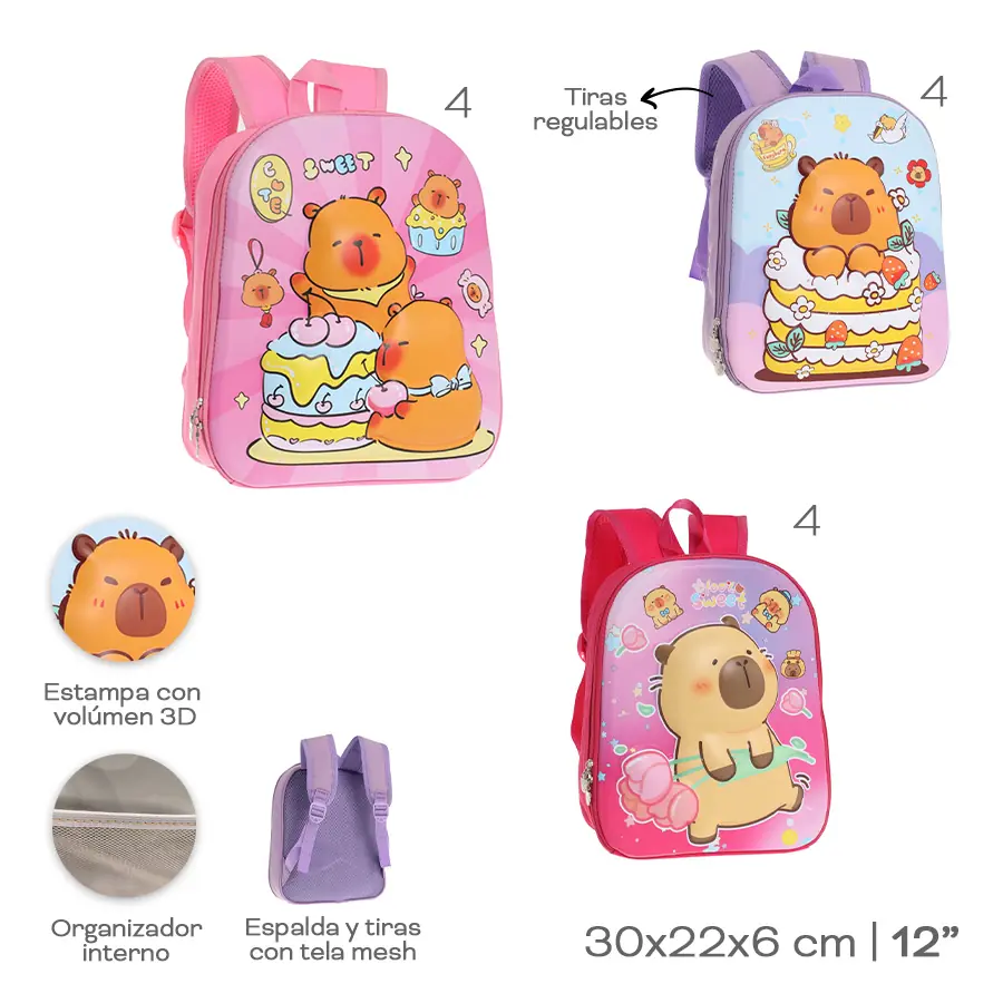 53650- Mochila Infantil	CAPIBARA 30cmX22cmX6cm	Nylon	Diseño 3D, tiras regulables y espalda con tela mesh, org interno +INFO+FOTOS