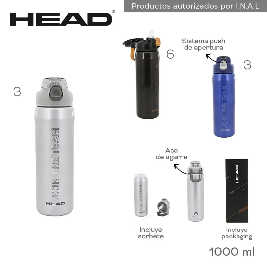 31372 - Botella Head Info: Asa de agarre, incluye sorbete y packaging, sist push de apertura  Composición: PC  Alto: 1000ml BAZAR +INFO+FOTOS