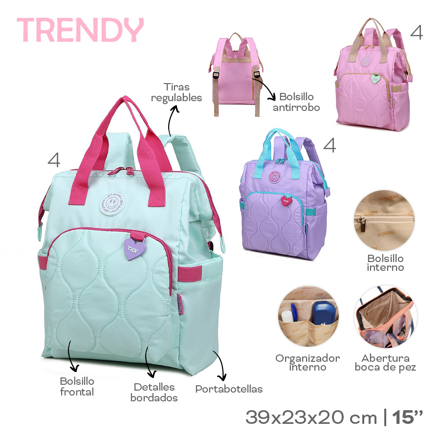 22595 - Mochila Trendy   Info: 15p bol antirrobo y front, tiras reg, bol y org int, detalles bord, abertura boca de pez, portab  Composición: Nylon  Alto: 39cm  Ancho: 23cm  Profundidad: 20cm +INFO+FOTOS