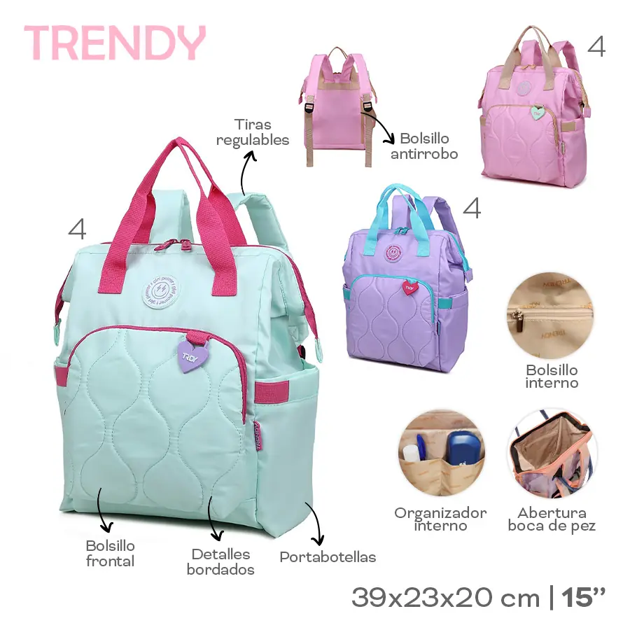 22595 - Mochila Trendy   Info: 15p bol antirrobo y front, tiras reg, bol y org int, detalles bord, abertura boca de pez, portab  Composición: Nylon  Alto: 39cm  Ancho: 23cm  Profundidad: 20cm +INFO+FOTOS