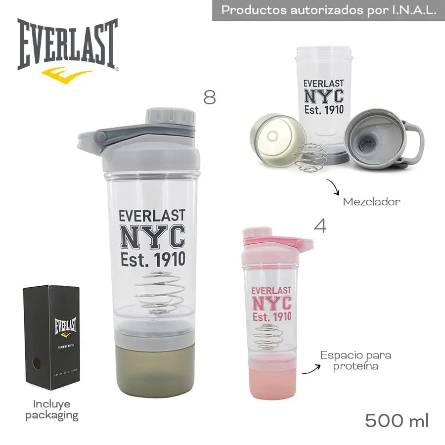15254 - Shaker Everlast T4 , 500ML   Info: Botella con tapa a rosca, incluye mezclador, espacio para proteína y packaging  Composición: PC +info+fotos