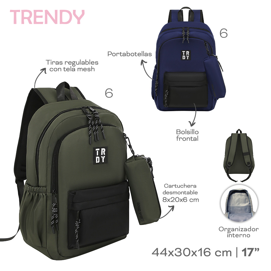 18586- Mochila C/Cartuchera Trendy	44cm	30cm	16cm	Nylon	17p Bols fronts, lat, org int, tir c mesh, cartuchera desmnt +info+fotos