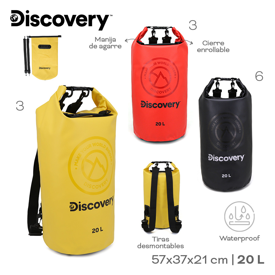 19150 - Mochila estanco Discovery +INFO+FOTOS Info: IMPERMEABLE Waterproof, tiras desmontables, cierre enrollable con manija de agarre 20L Composición: PVC Alto: 57cm Ancho: 37cm Profundidad: 21cm