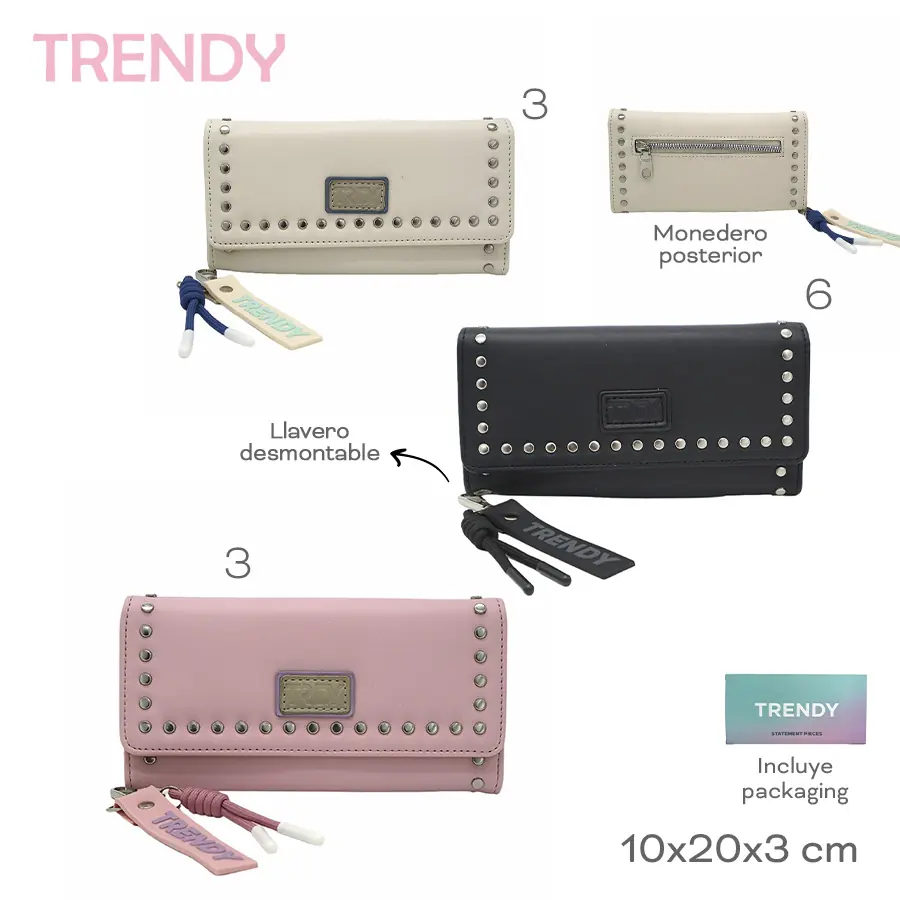 28661 - Billetera Trendy , +INFO+FOTOS Info: Llavero desmontable, monedero posterior, incluye packaging Composición: PU Alto: 10cm Ancho: 20cm Profundidad: 3cm