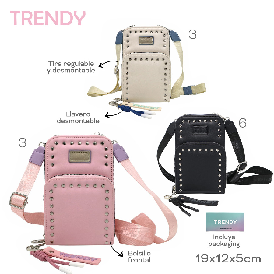28663- Phone Bag Trendy	19cm	12cm	5cm	PU	Tira regulable y desmontable, bolsillo frontal, llavero desmontable MARROQUINERIA +info+fotos