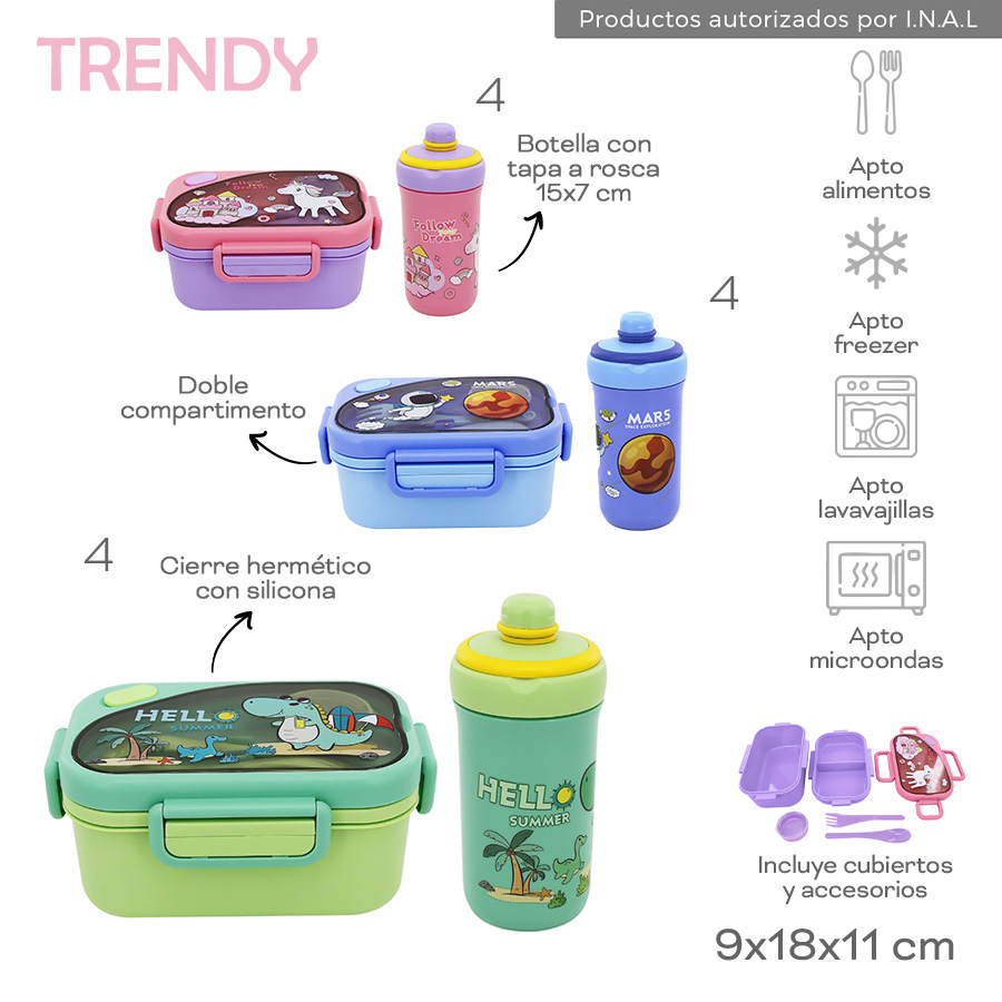 30432- Lunchera Trendy 9cmx18cmx11cm	Plastico	Cierre hermetico c silicona, doble comp, incluye cubiertos y accesorios, botella a rosca 15x7 cm  +info+fotos