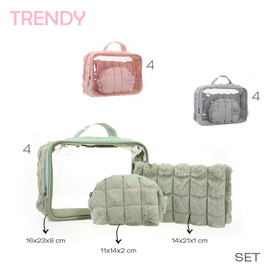 53761 - Portacosmeticos Trendy SET X 3  Info: SET  Composición: PVC+Nylon  Alto: 16x23x8cm  Ancho: 11x14x2cm  Profundidad: 14x21x1cm +INFO+FOTOS