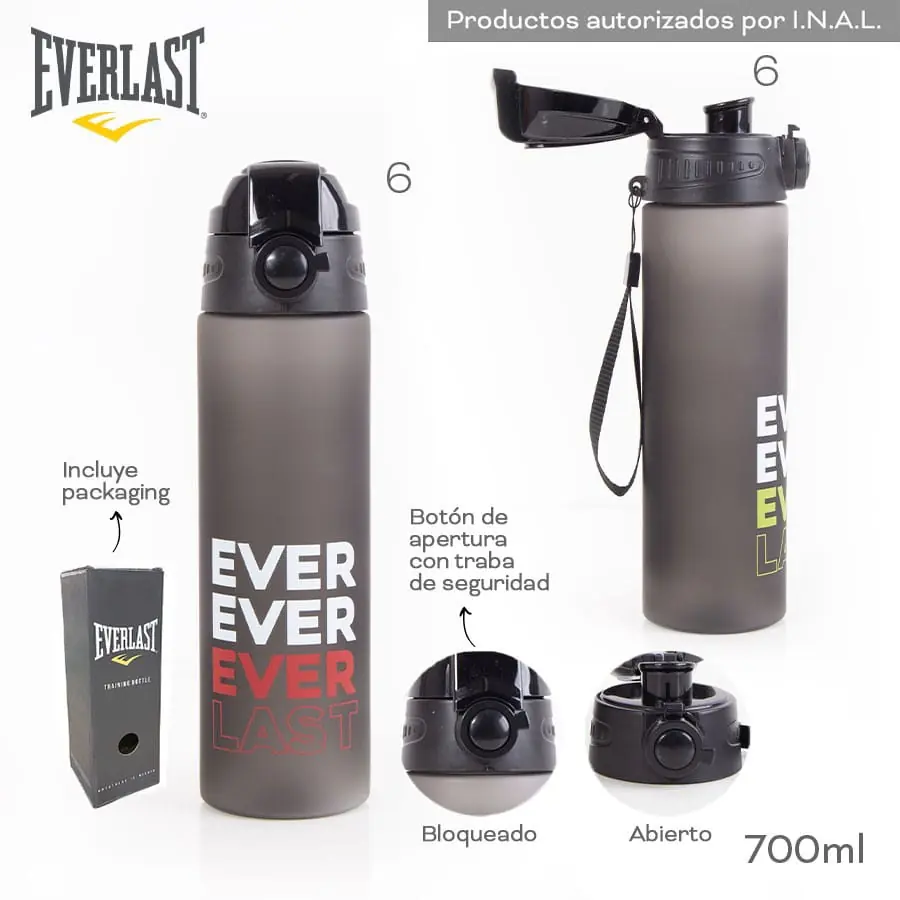 11397 - Botella Everlast T5 700ML (+FOTOS)  Info: Botón con apertura con traba de seguridad, correa de transporte, incluye packaging  Composición: PC +INFO+FOTOS