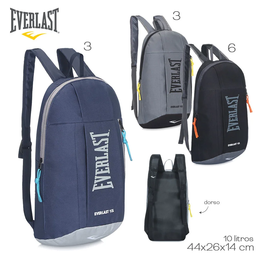 15982 – Mochila Outdoor Everlast  Info: 10 litros de capacidad Composición: cordura Alto: 44 cm Ancho: 26 cm Profundidad: 14 cm
