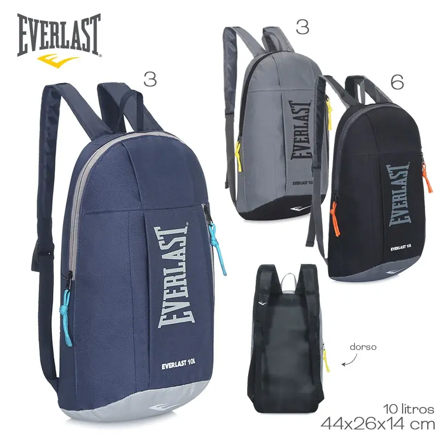 15982 – Mochila Outdoor Everlast  Info: 10 litros de capacidad Composición: cordura Alto: 44 cm Ancho: 26 cm Profundidad: 14 cm