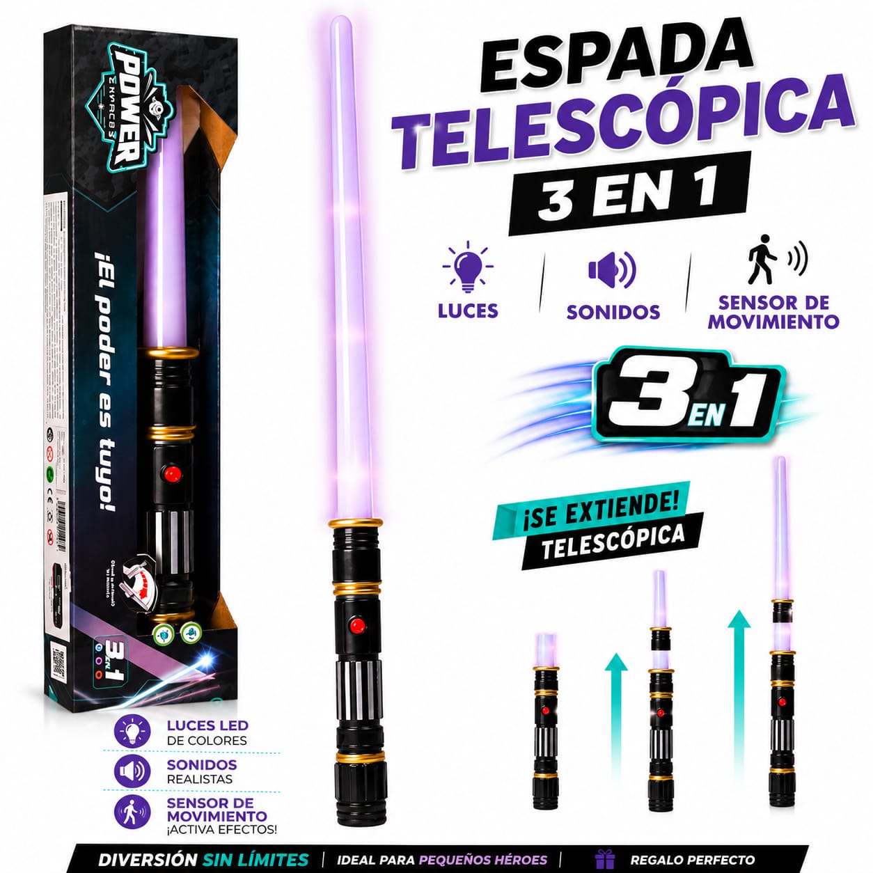 56448- SUPER ESPADA POWER SPACE 3 EN 1 LUZ SONIDO SENSOR MOV PAKAGING 47X11X6 JUGUETES +INFO+FOTOS