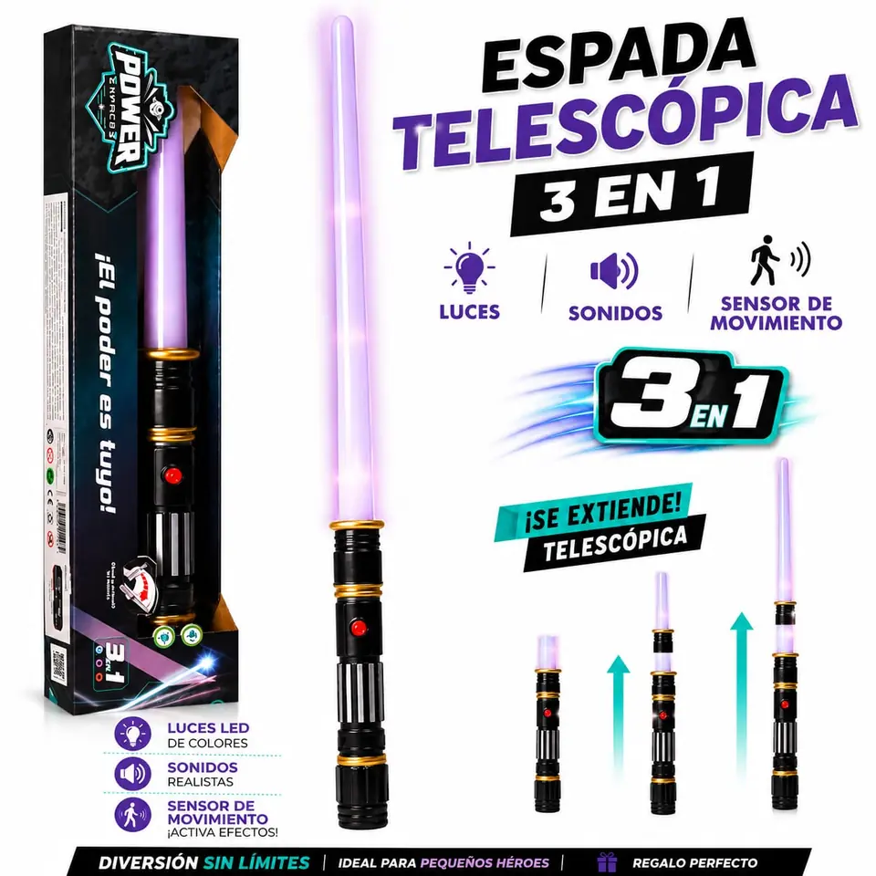 56448- SUPER ESPADA POWER SPACE 3 EN 1 LUZ SONIDO SENSOR MOV PAKAGING 47X11X6 JUGUETES +INFO+FOTOS