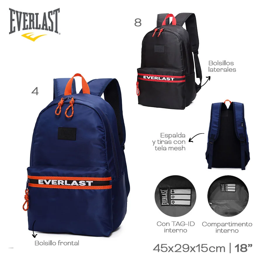 21951 – Mochila Everlast  Info: Bolsillos laterales, organizador interno, TAG-ID, tira y espalda mesh Composición: nylon Alto: 45 cm Ancho: 29 cm Profundidad: 15 cm