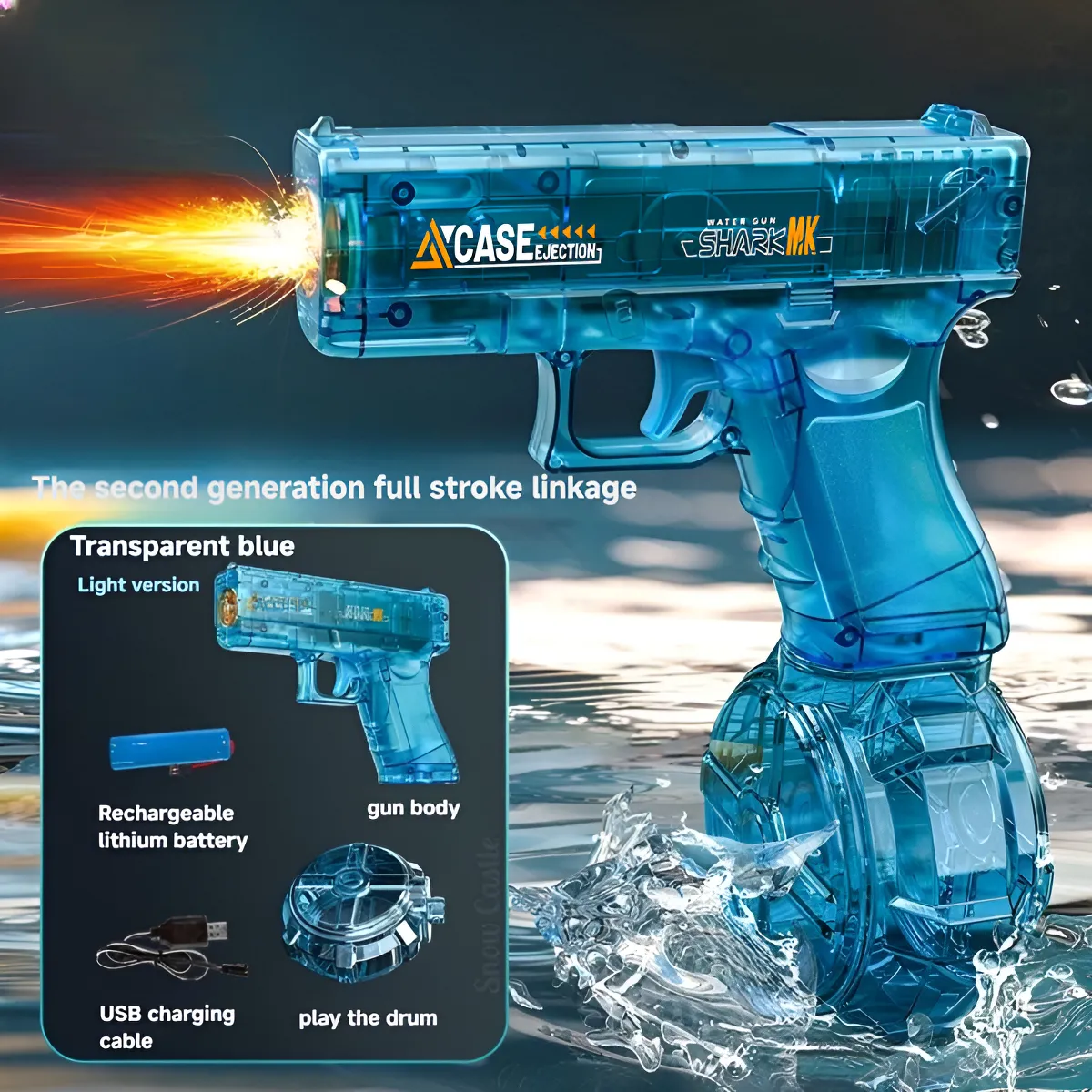 *8947- PISTOLA DE AGUA ELÉCTRICA BATERIA GLOW RECARGABLE USB LUCES TANQUE BASE-X SPLASH 18X6.5X17 +INFO+FOTOS