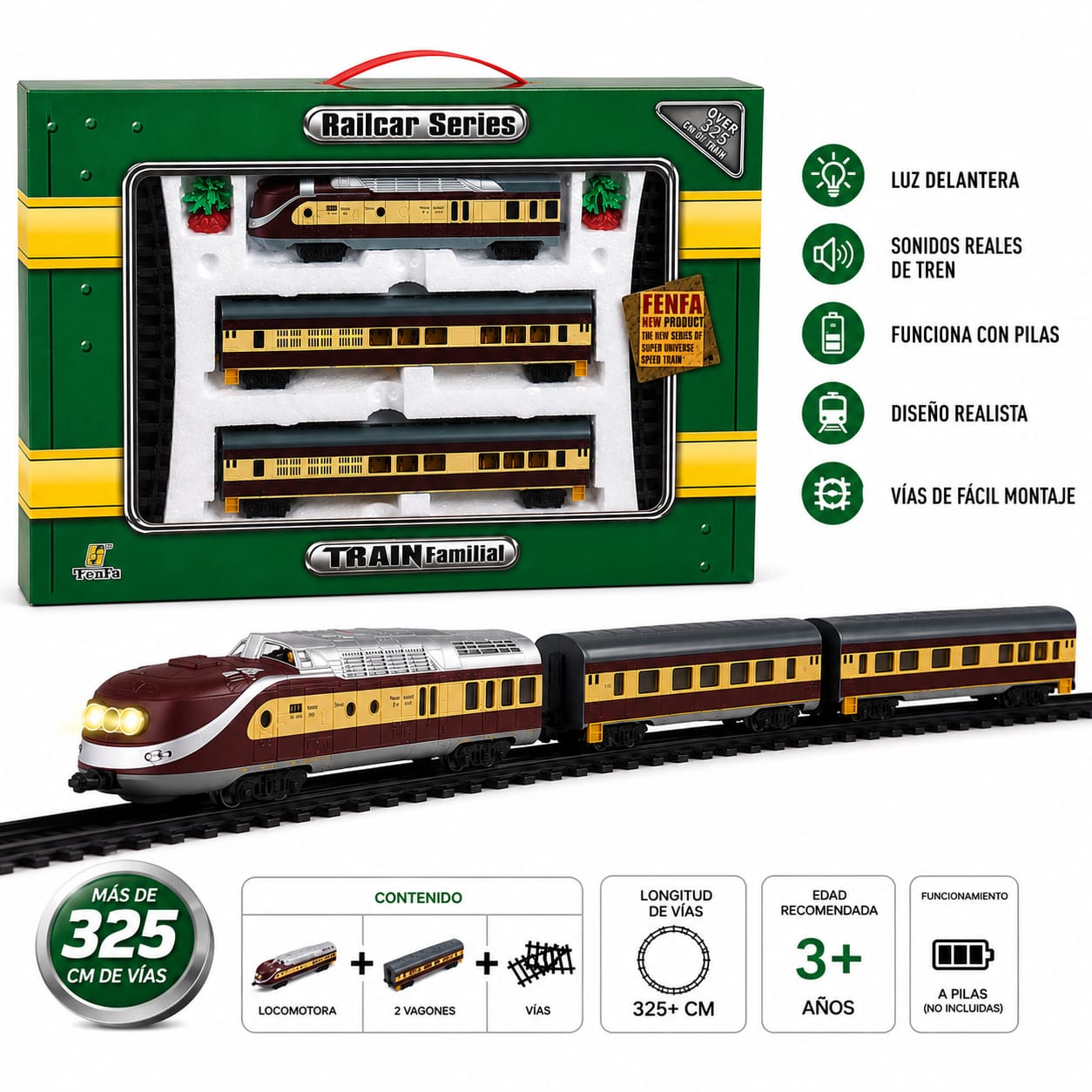 40015 TREN VERDE A PILA  luz sonidos 50x33x6 (LOCOMOTORA +2 VAGONES 82CM- + de 325 cm de vias + 2 arboles)coleccion escala 1:87 +info+fotos