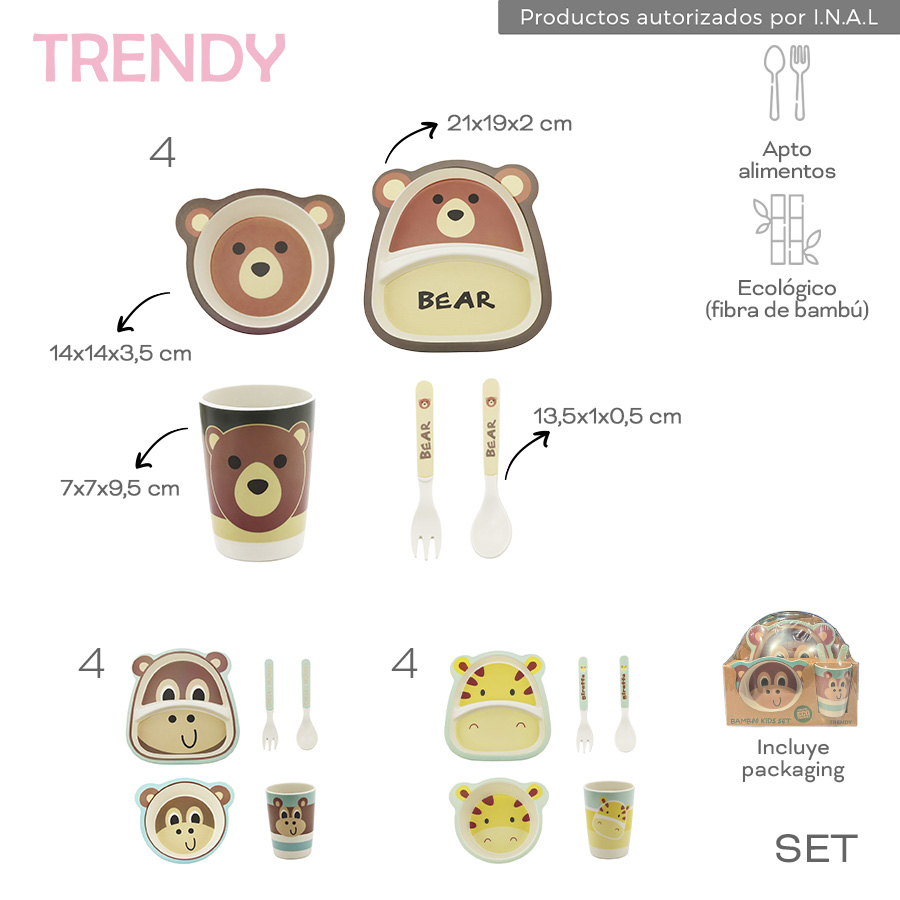 30424 - Set Platos VASO CUBIERTOS TRENDY 3 MOD C/PACKAGING   Info: SET - 21x19x2 / 14x14x3,5 / 7x7x9,5 / 13,5x1x0,5 cm Incluye Packaging  Composición: fibra de bambu +INFO+FOTOS