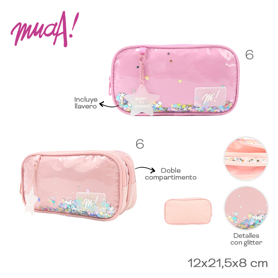 28793- Cartuchera Muaa	12cmX21,5cmX8cm	Nylon	Incluye llavero, doble compartimento, detalles con glitter +INFO+FOTOS