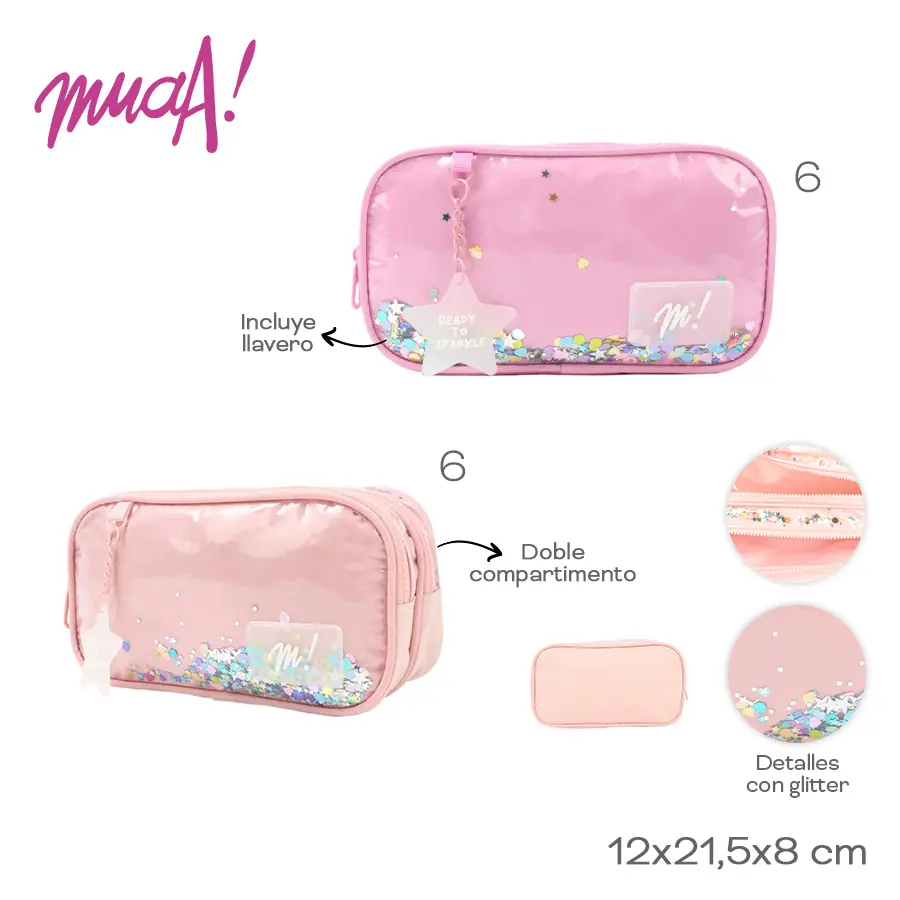 28793- Cartuchera Muaa	12cmX21,5cmX8cm	Nylon	Incluye llavero, doble compartimento, detalles con glitter +INFO+FOTOS