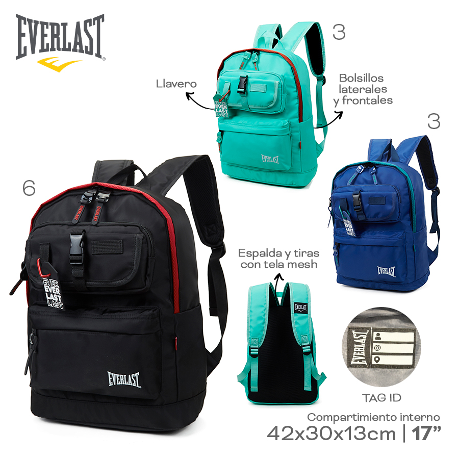 22405 - Mochila Everlast (+fotos)  Info: 17", Espalda y tiras con tela mesh, TAG ID, Comp. Int. , Bolsillos laterales y frontales, Llavero Composición: Nylon Alto: 42cm Ancho: 30cm Profundidad: 13cm