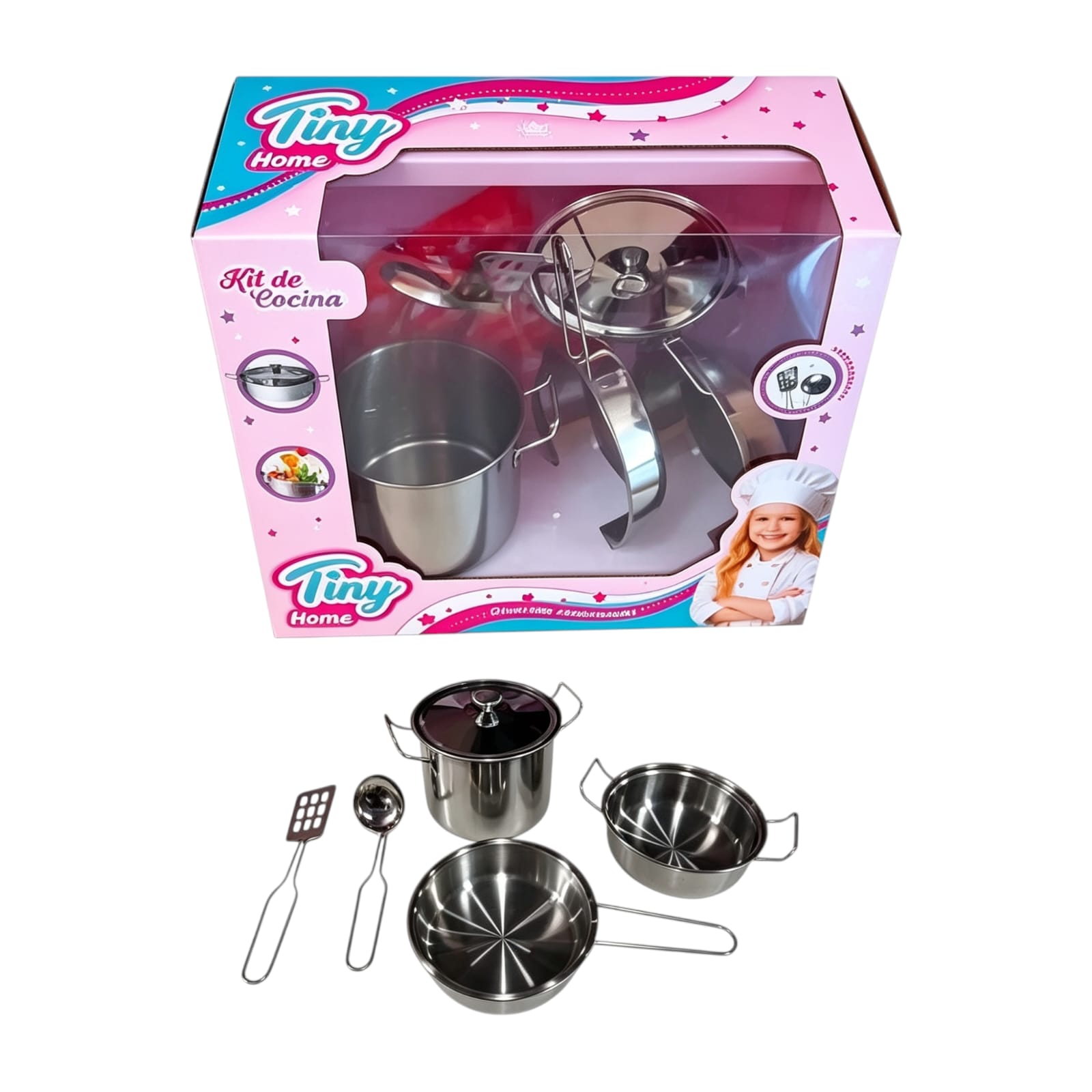 56688- Set De Cocina Infantil Tiny Home 7 Piezas 6 DE Acero Inoxidable Ollas, Sartén, Cacerola Y Utensilios De Juguete Realistas Para Niños, Juego De Cocinita Educativo Y Duradero  31X15X9 +INFO+FOTOS