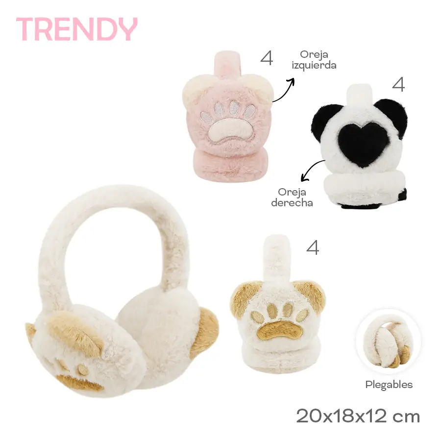 31472-Orejera Trendy	20 cm	18 cm	12 cm	Peluche	Plegables, diseño asimétrico +INFO+FOTOS