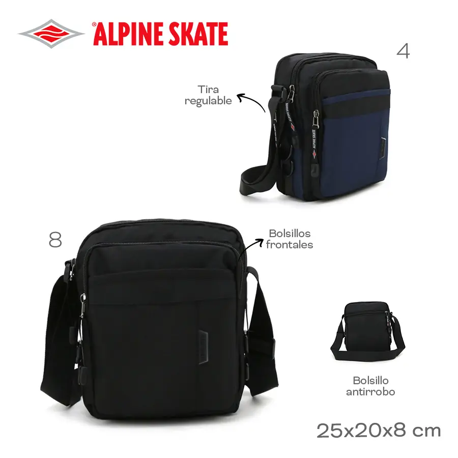 15685-	Morral Alpine Skate T2	25cm	20cm	8cm	Nylon	Tira regulable, bolsillos frontales y antirrobo MARROQUINERIA  +INFO+FOTOS