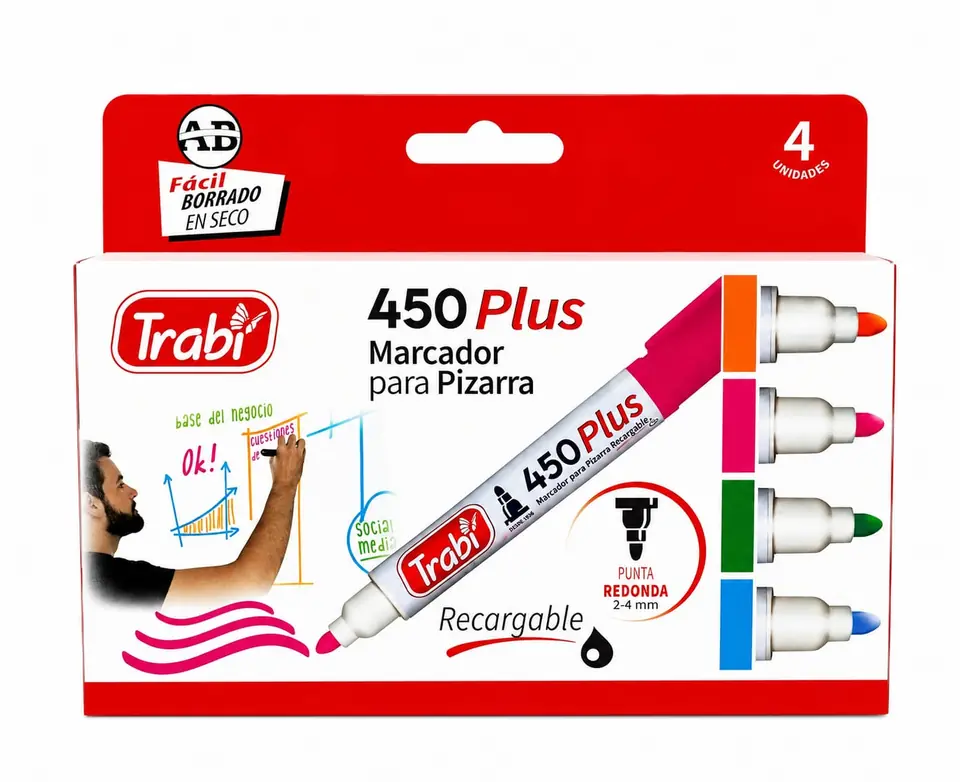 450X4F- MARCADOR TRABI X4 PLUS PIZARRA RECARGABLE PUNTA REDONDA CAJA X4 COLORES FANTASIA