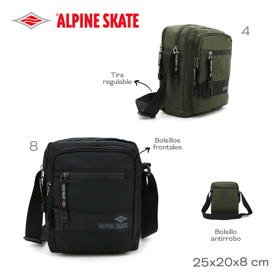 15682-	Morral Alpine Skate T2	25cm	20cm	8cm	Nylon	Tira regulable, bolsillos frontales y antirrobo marroquineria +info+fotos