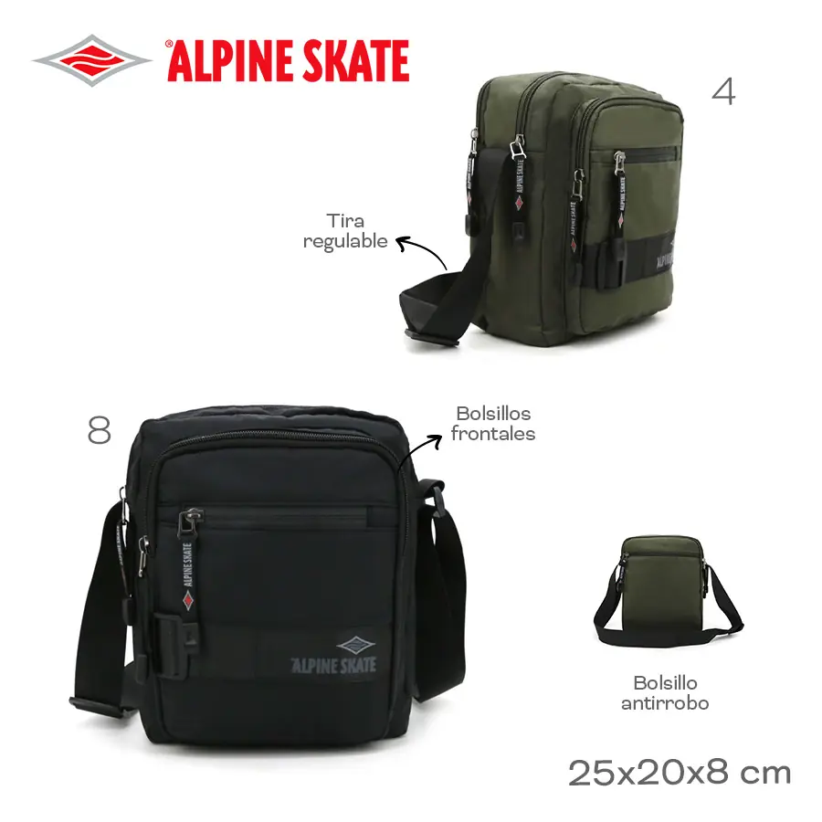 15682-	Morral Alpine Skate T2	25cm	20cm	8cm	Nylon	Tira regulable, bolsillos frontales y antirrobo marroquineria +info+fotos