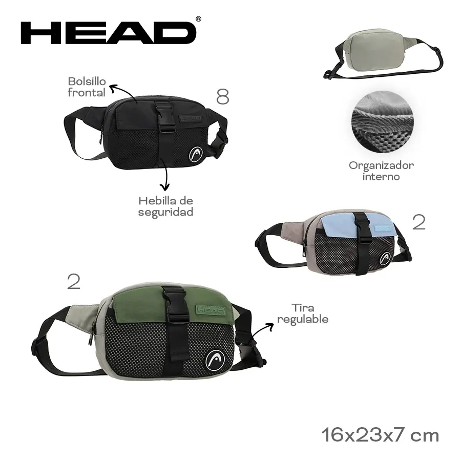 53848- Riñonera Head	16cm	23cm	7cm	Nylon	Bolsillo frontal, org int, hebilla de seguridad, tira reg +info+fotos