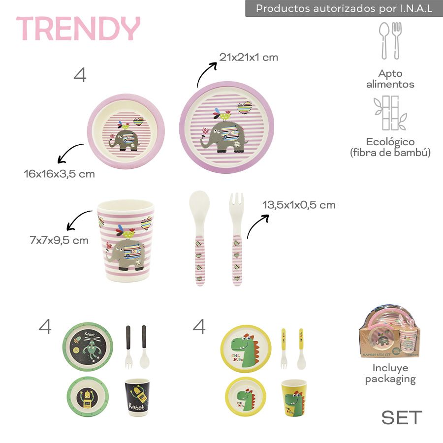 30422 - Set Platos vaso cubiertos trendy c/packaging  Info: SET - 21x21x1 / 16x16x3,5 / 7x7x9,5 / 13,5x1x0,5 cm - incluye packaging  Composición: fibra de bambú +INFO+FOTOS