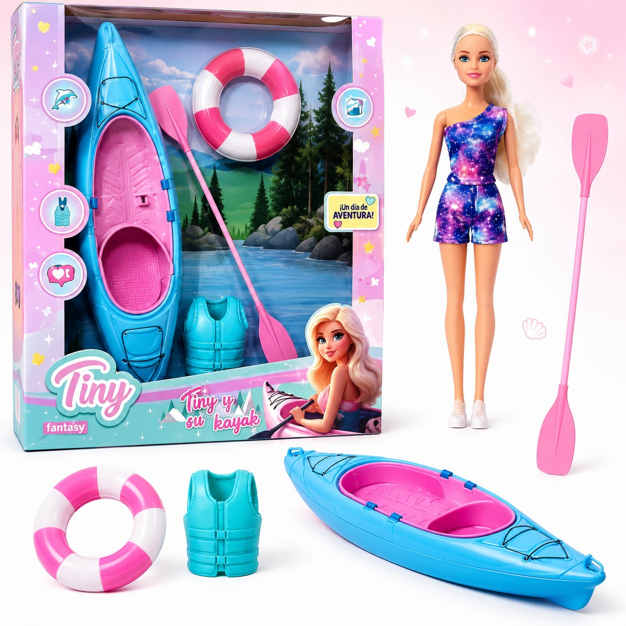 55037 - MUÑECA TINY DOLL PLAYA CON KAYAKS Y ACCESORIOS 2 MOD 32.5X30X5.5