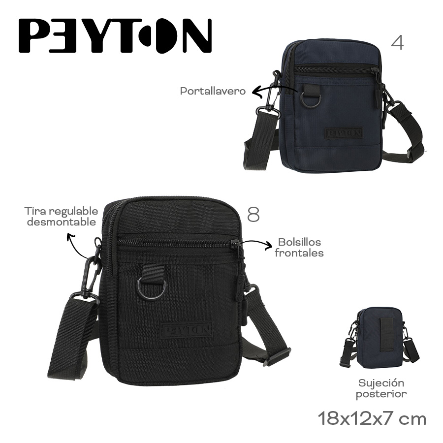 54525-	Morral Peyton	18cm	12cm	7cm	Nylon	Bolsillos frontales, portallavero, tira regulable desmontable, sujeción posterior MARROQUINERIA +INFO+FOTOS