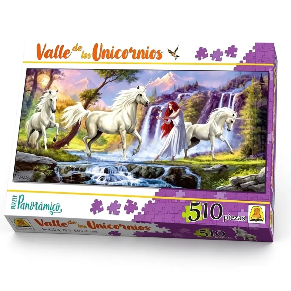 IM273-Valle de unicornios, Contiene 1 puzzle de 510 piezas Medidas del puzzle 30.5 x 69.5 cm Medidas de la caja 34.5 x 22.4 x 4.4 cm  Puzzle de ilustración realista de diseño panorámico. IMPLAS PUZZLE CAJAX8.