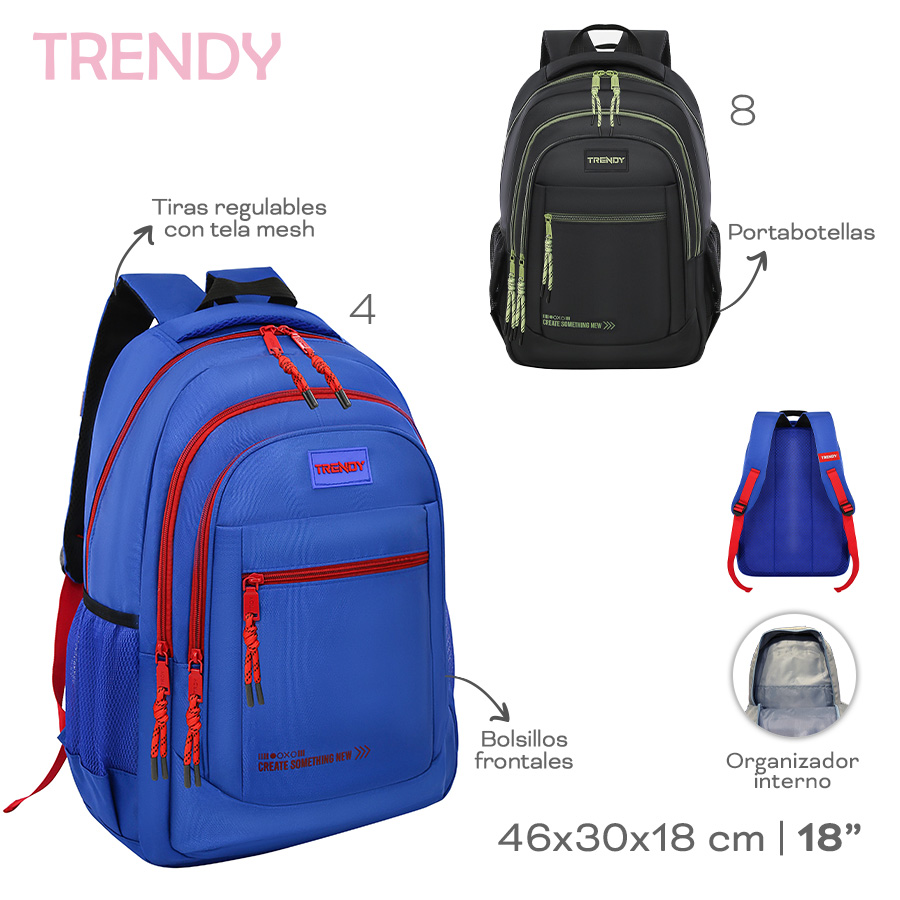 18589- Mochila Trendy	46cm	30cm	18cm	Nylon corrugado	18p Bols front, lat, org int, esp y tir c mesh +info+fotos