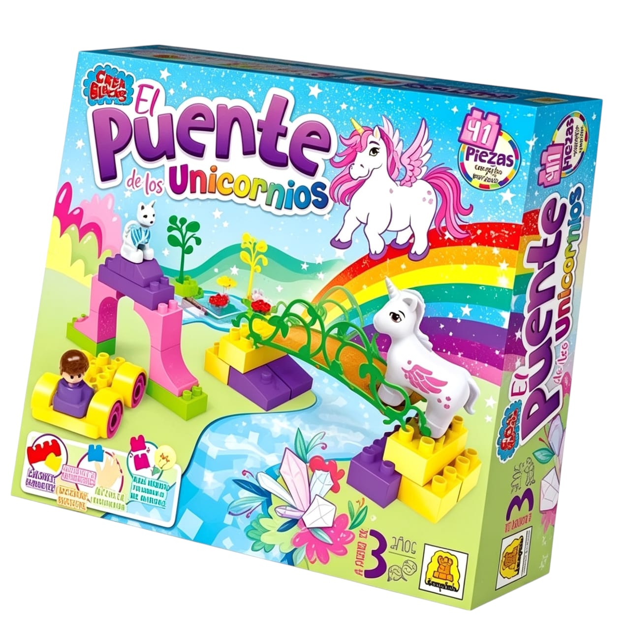 IM145- El Puente de los Unicornios.BLOQUES/CONSTRUCCION. Cantidad de piezas: 41 Contiene una escena para ambientar tu juego. Edad: A partir de 3 años. Medidas de la caja: 37.5x26 x 7.5 cm Juego de bloques de encastre perfecto.IMPLAS.