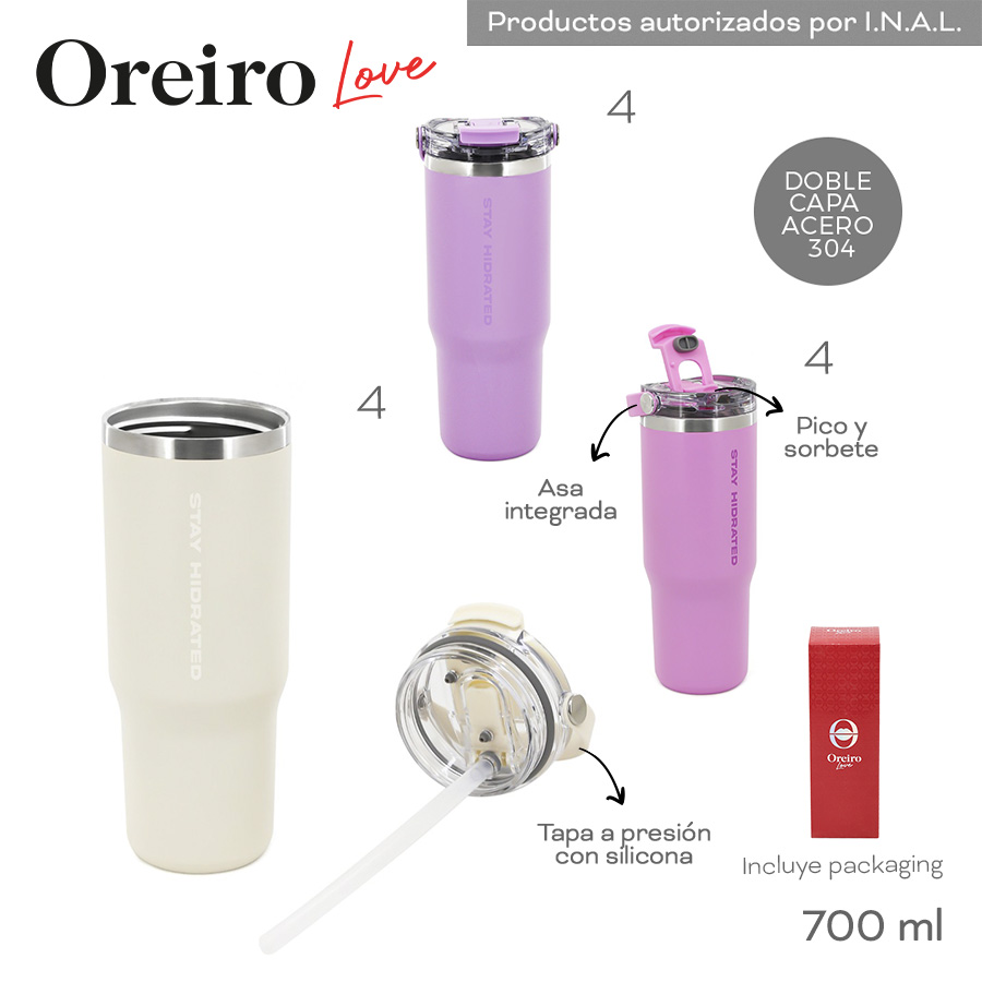 30510- Vaso Termico Oreiro	700ml	ACERO	Tapa con silicona, pico y sorbete, asa integrada, capa doble acero 304, incluye packaging +INFO+FOTOS