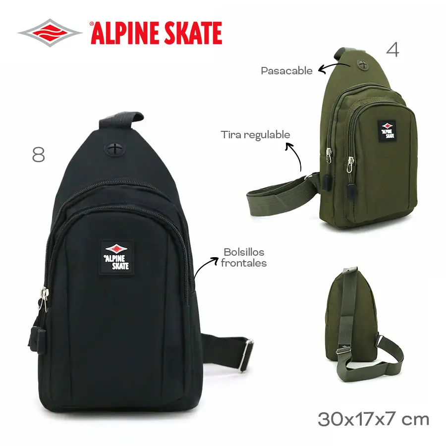 15747-	ChestBag Alpine Skate T3	30cm	17cm	7cm	Nylon	Bolsillos frontales, tira regulable, pasacable morral MARROQUINERIA +INFO+FOTOS