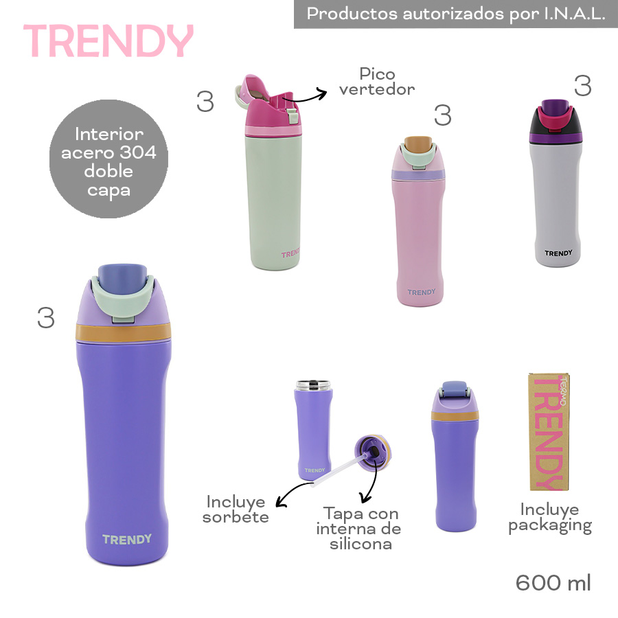 30506- Botella Termica Trendy	600ml			Acero	Sistema push apertura,tapa c silicona, incluye sorbete, capa doble acero 304 DOBLE CAPA, incl pack  BAZAR +INFO+FOTOS