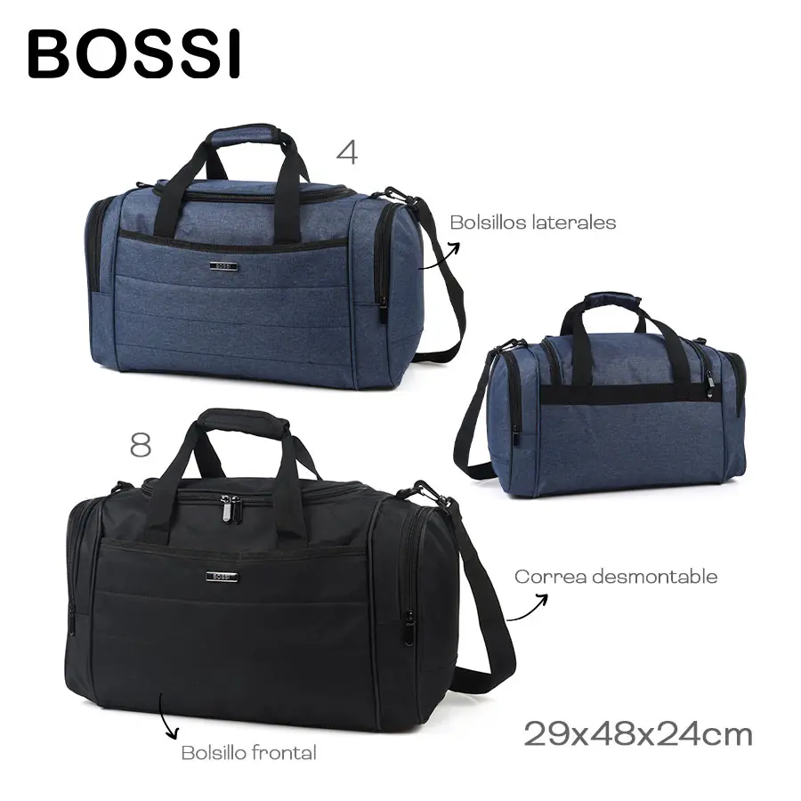 51411 - Bolso Bossi  Info: Bolsillos laterales, bolsillo frontal y correa desmontable  Composición: cordura jaspeada  Alto: 29 cm  Ancho: 48 cm  Profundidad: 24 cm